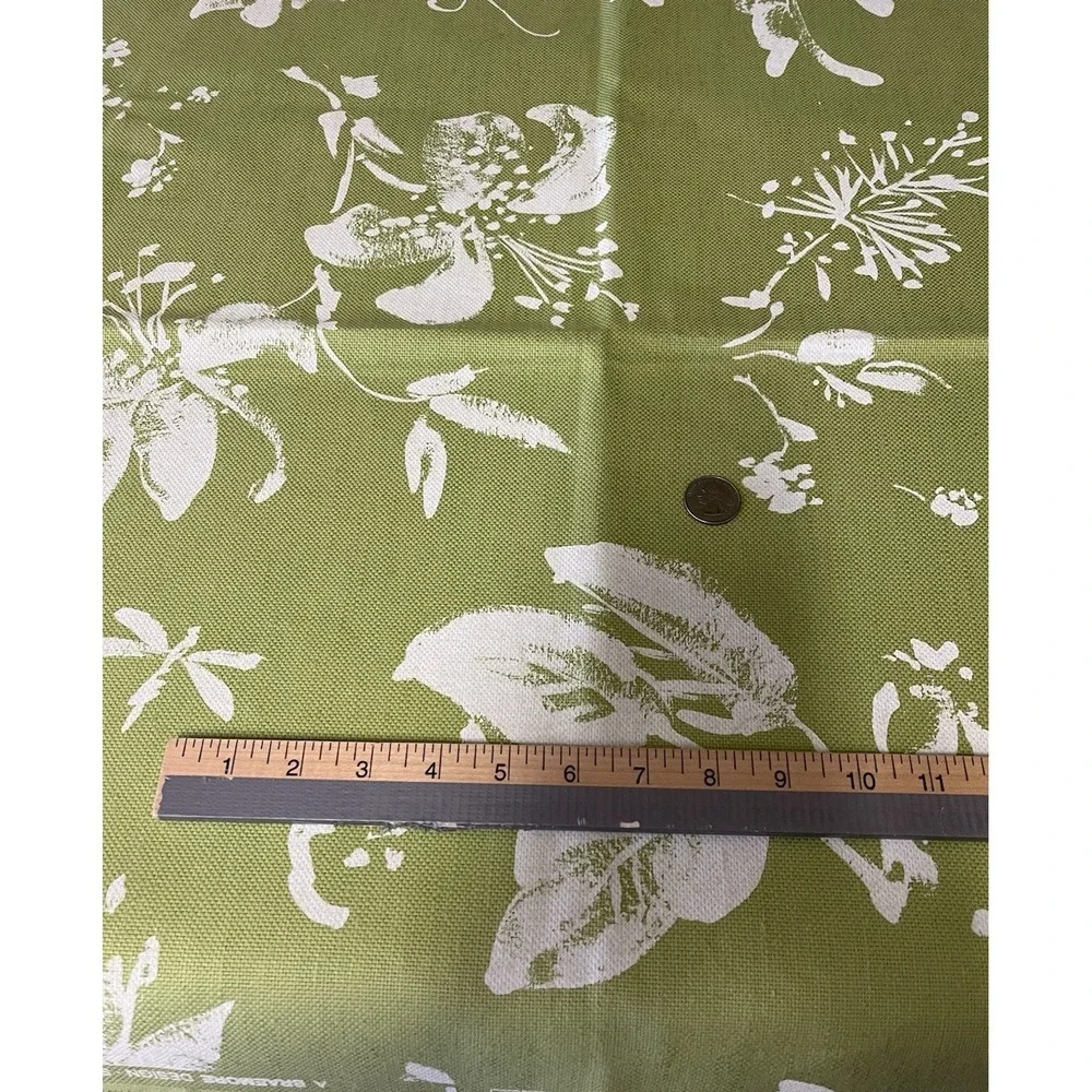 Braemore Textiles Linen Fabric Lime Green Floral Dragonfly Screen Print Drapery